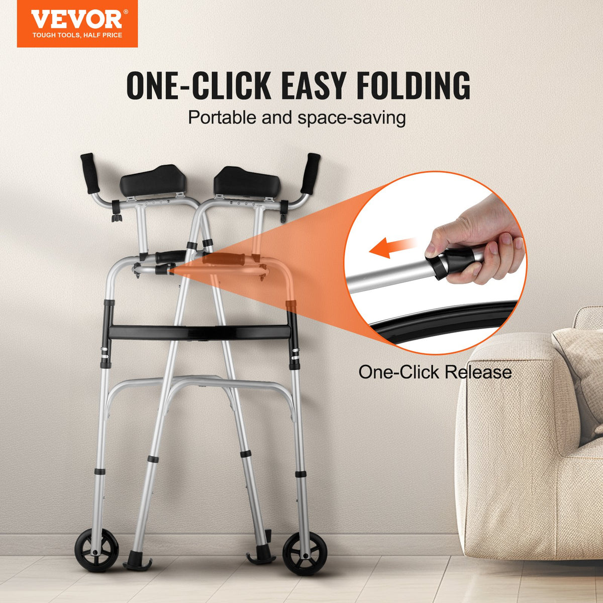 2 in 1 Folding Walker & Removable Armrests, Height Adjustable Foldable Walker with 5" Solid Wheels, Lightweight Aluminum | Front Wheeled Mobility Aid for Elderly Handicapped Disabled, 450 Pounds