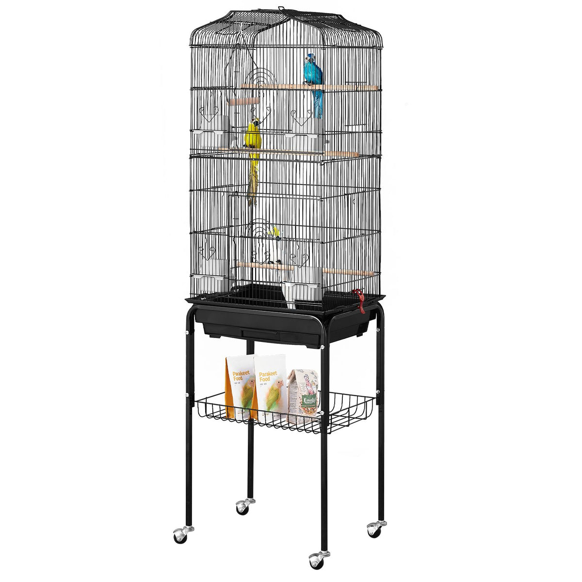 Large Bird Cage, 62 in, Open Top Parakeet Cage with Rolling Stand,  Steel Bird Flight Cage with Removable Tray, Budgie Birdcage with 4 Perches, Parrot Cage for Lovebirds Cockatiels Pet Toy