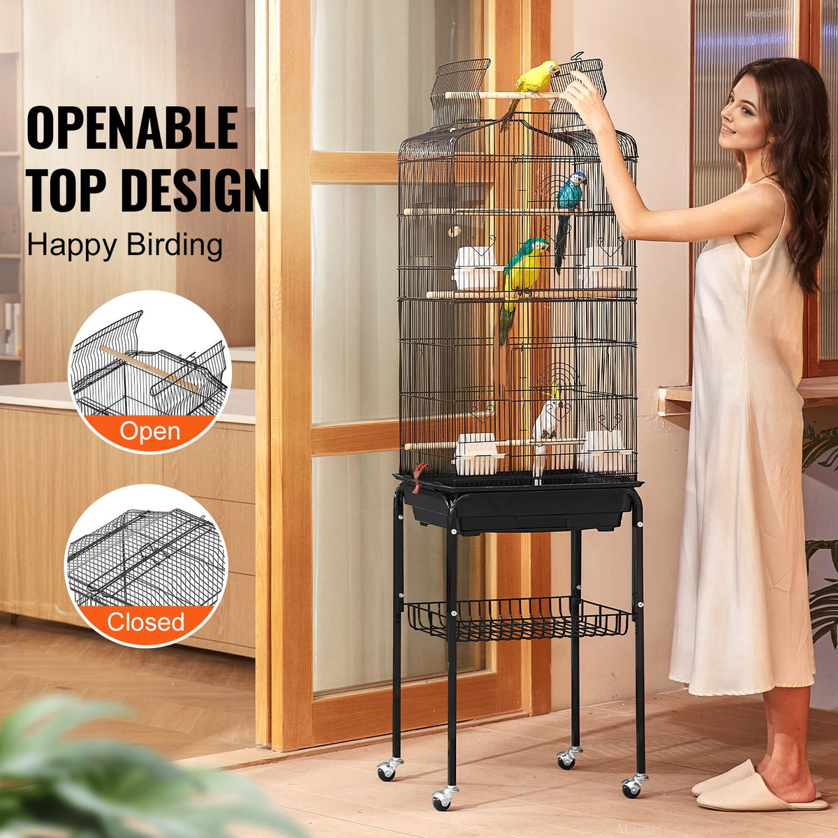 Large Bird Cage, 62 in, Open Top Parakeet Cage with Rolling Stand,  Steel Bird Flight Cage with Removable Tray, Budgie Birdcage with 4 Perches, Parrot Cage for Lovebirds Cockatiels Pet Toy