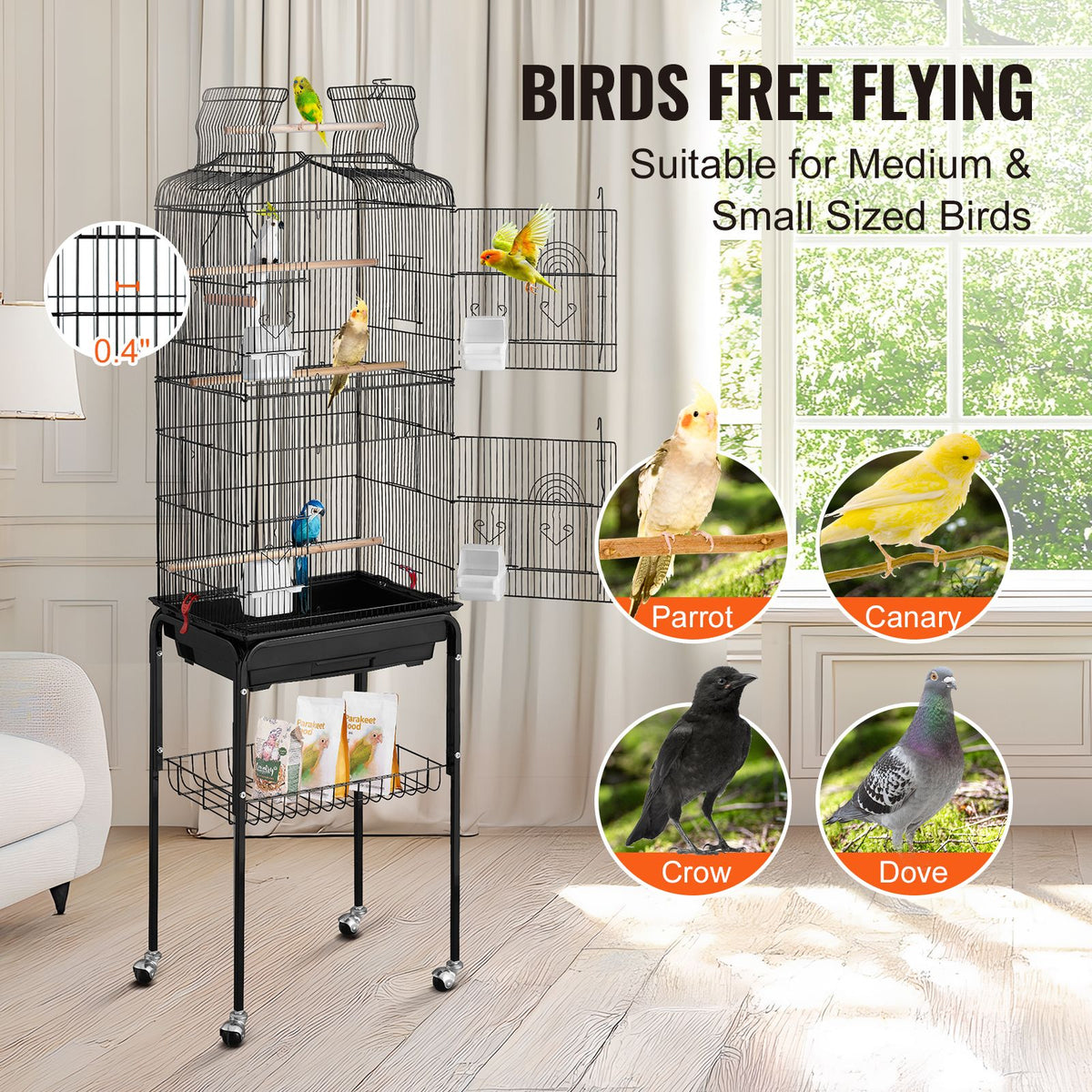 Large Bird Cage, 62 in, Open Top Parakeet Cage with Rolling Stand,  Steel Bird Flight Cage with Removable Tray, Budgie Birdcage with 4 Perches, Parrot Cage for Lovebirds Cockatiels Pet Toy