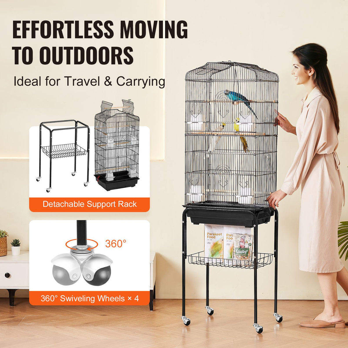 Large Bird Cage, 62 in, Open Top Parakeet Cage with Rolling Stand,  Steel Bird Flight Cage with Removable Tray, Budgie Birdcage with 4 Perches, Parrot Cage for Lovebirds Cockatiels Pet Toy