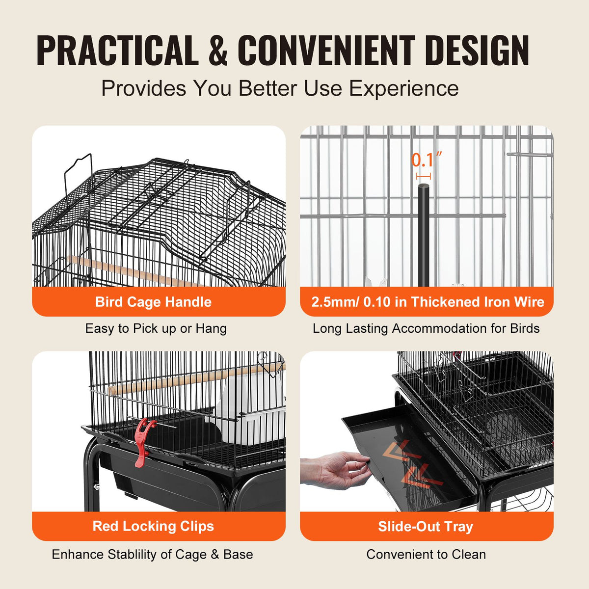 Large Bird Cage, 62 in, Open Top Parakeet Cage with Rolling Stand,  Steel Bird Flight Cage with Removable Tray, Budgie Birdcage with 4 Perches, Parrot Cage for Lovebirds Cockatiels Pet Toy