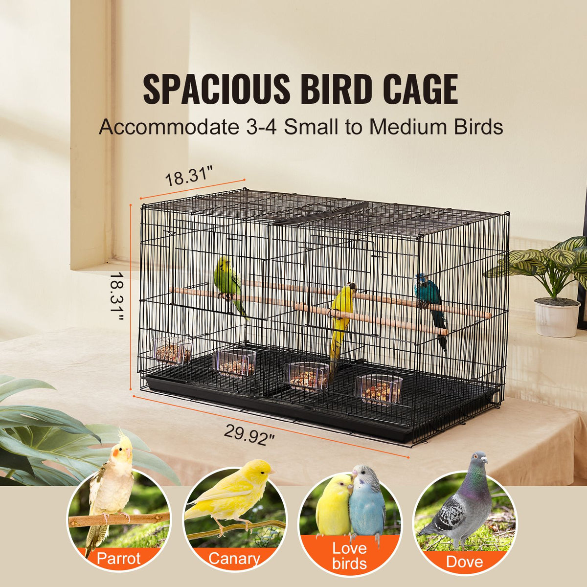 Bird Cage, 18 in, Small Parakeet Cage with Divider, Sturdy Metal Bird Flight Cage, Travel Birdcage with 5 Perches & 4 Feeding Cups, Parrot Cage for Canaries Lovebirds Cockatiels Budgie, Black