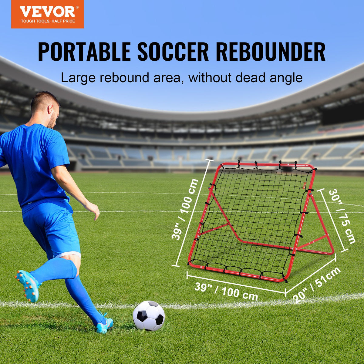 Soccer Rebounder Rebound Net, Kick-Back 100x100 cm, Portable Football Training Gifts, Fully Adjustable Angles Goal Net, Aids & Equipment for Kids Teens & All Ages, Easy Set Up & Perfect Storage