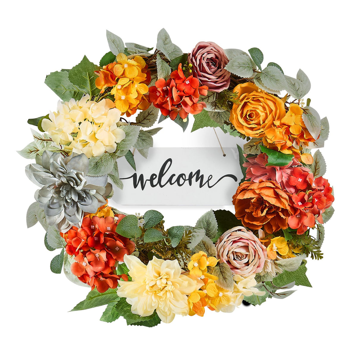 Artificial Decorative Wreath 60.96 cm Red Orange Yellow Hydrangeas Roses