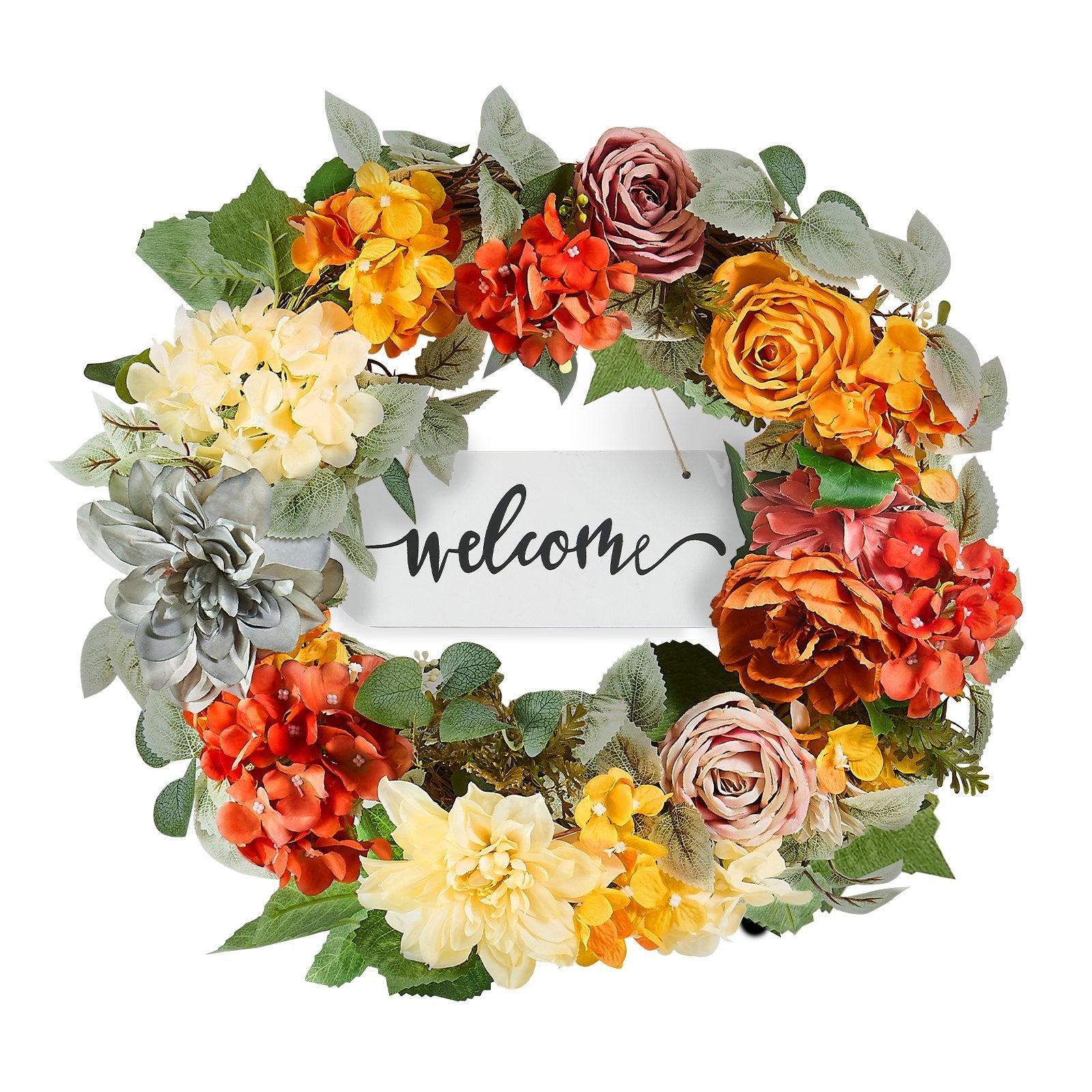 Artificial Decorative Wreath 60.96 cm Red Orange Yellow Hydrangeas Roses