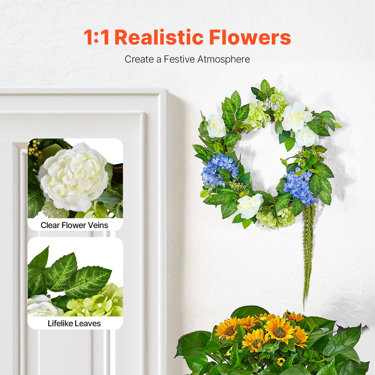 Artificial Decorative Wreath 58.42 cm Blue White Green Hydrangeas Roses
