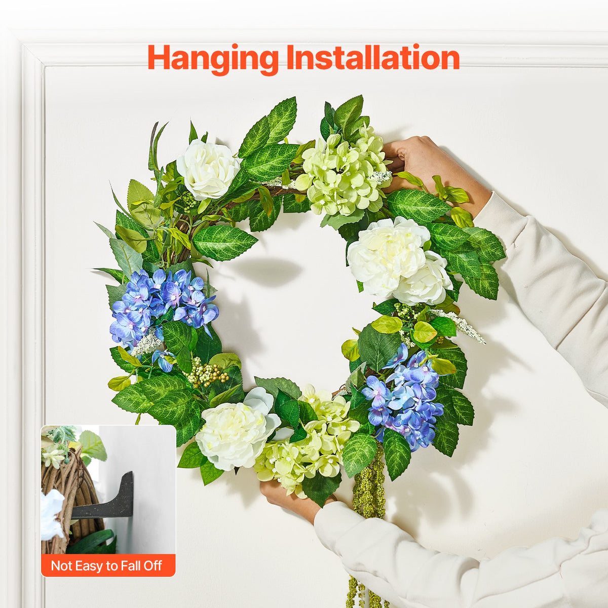 Artificial Decorative Wreath 58.42 cm Blue White Green Hydrangeas Roses