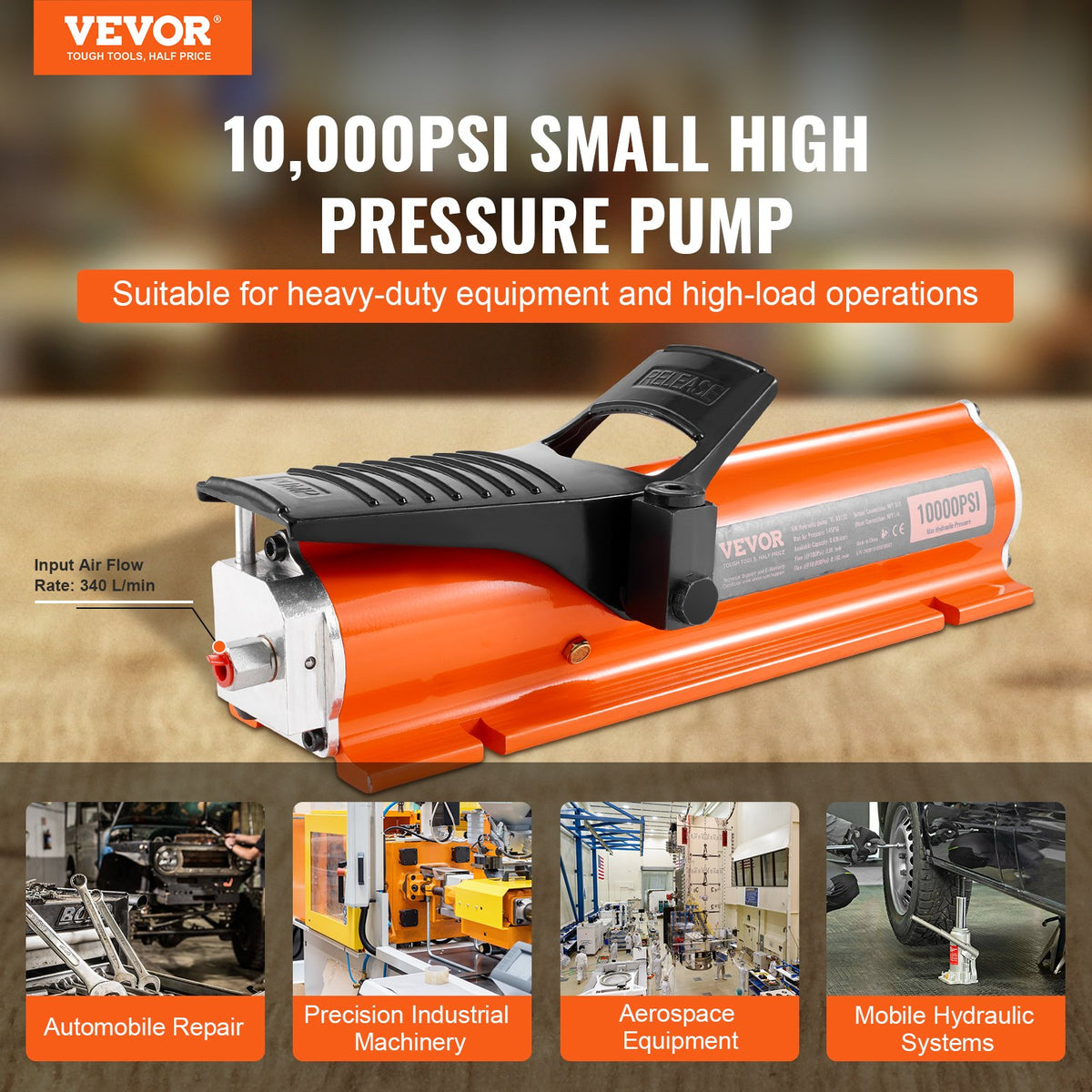 10,000PSI Air Hydraulic Pump, 0.18 Gal Reservoir, NPT 3/8 In Oil Outlet, NPT 1/4 In Inlet, Metal Shell Air Actuated Treadle Foot Pump, for Precision Industrial Machinery & Aerospace Equipment