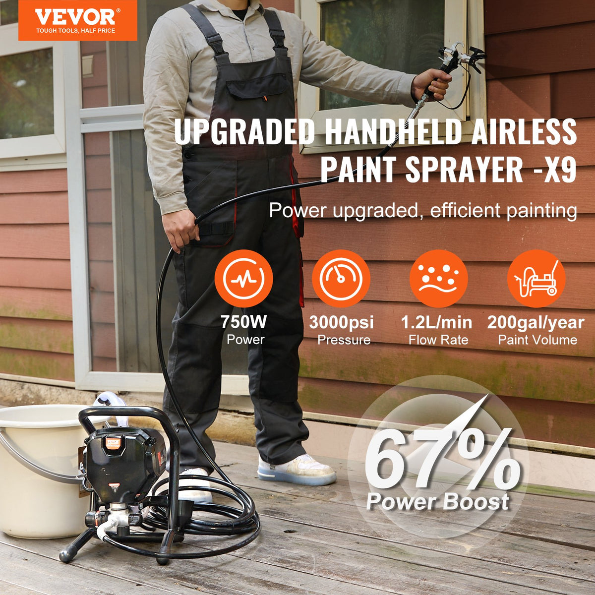 Stand Airless Paint Sprayer, 750W 3000PSI High Efficiency Electric Airless Sprayer, Fine And Even Painting Effect, Handheld Paint Sprayers for Home Interior and Exterior Furniture and Fences