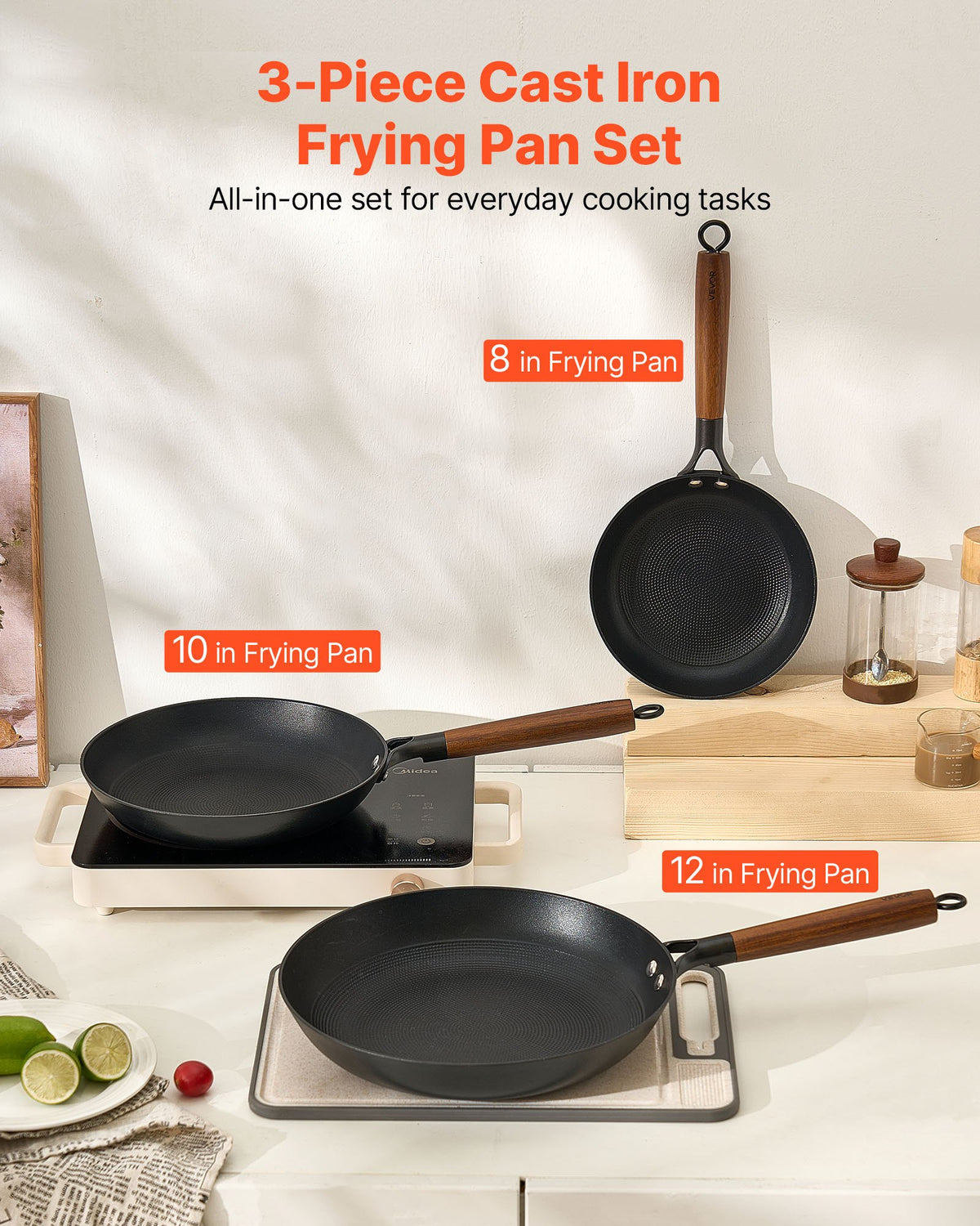 Cast Iron Skillet, 3-Piece Frying Pan Set (205, 265, 310 mm), Nonstick Skillets with Detachable Wood Handle, Pre-Seasoned Chef's Pan, Kitchen Cookware for Gas, Electrical, and Induction, Black