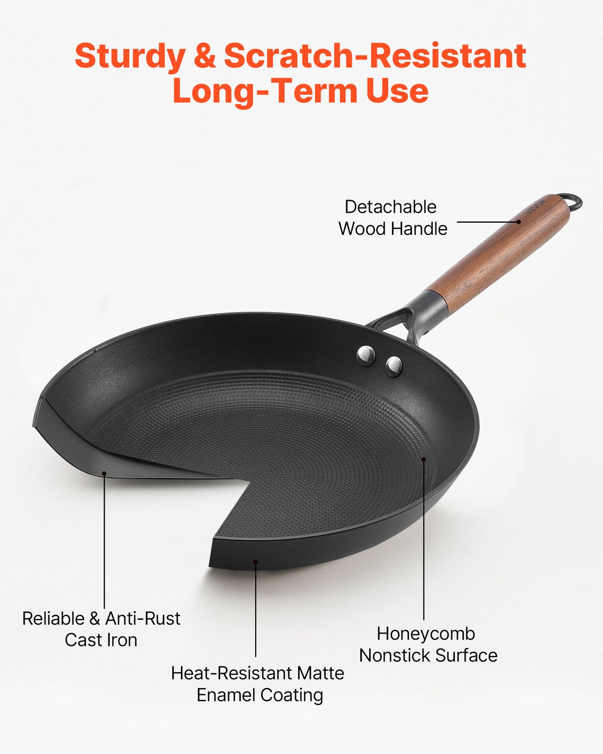 Cast Iron Skillet, 3-Piece Frying Pan Set (205, 265, 310 mm), Nonstick Skillets with Detachable Wood Handle, Pre-Seasoned Chef's Pan, Kitchen Cookware for Gas, Electrical, and Induction, Black
