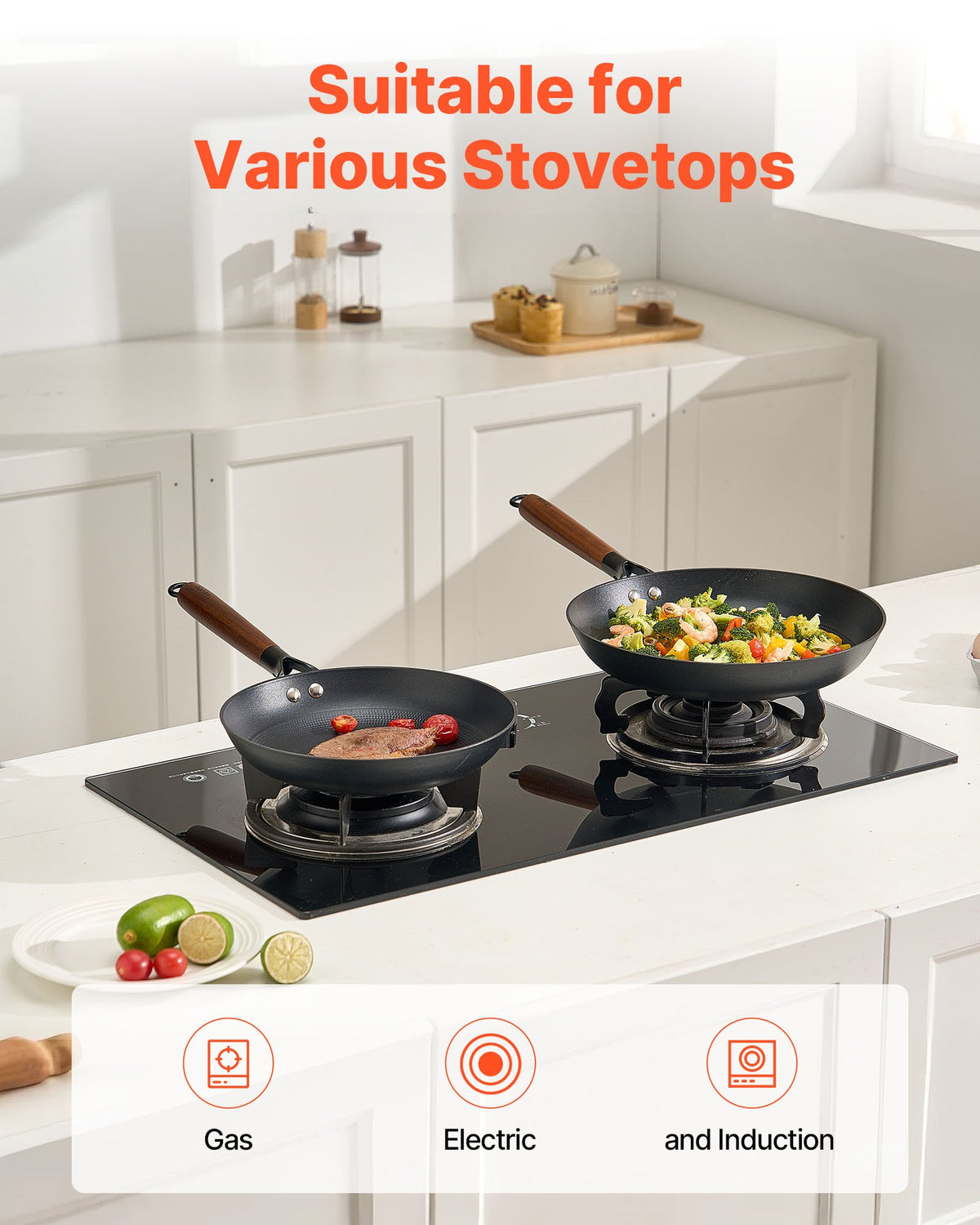 Cast Iron Skillet, 3-Piece Frying Pan Set (205, 265, 310 mm), Nonstick Skillets with Detachable Wood Handle, Pre-Seasoned Chef's Pan, Kitchen Cookware for Gas, Electrical, and Induction, Black