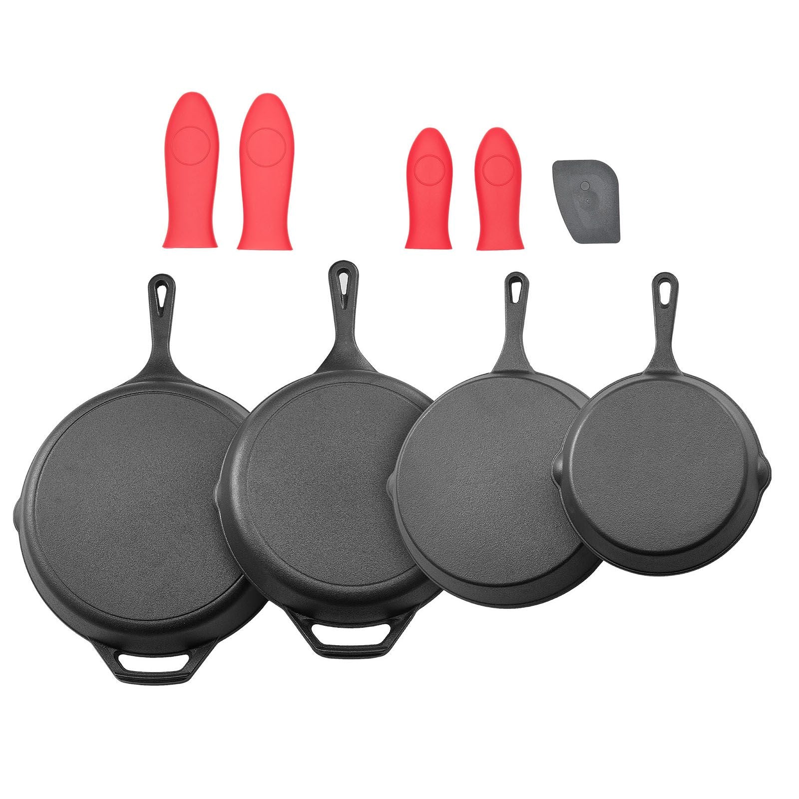 Cast Iron Skillet, 4 Pcs Frying Pan Set (155, 205, 260, 305 mm), Skillets with Heat-Resistant Silicone Handle, Pre-Seasoned Chef's Pan, Kitchen Cookware, Oven, Gas, Electrical, Induction, Black