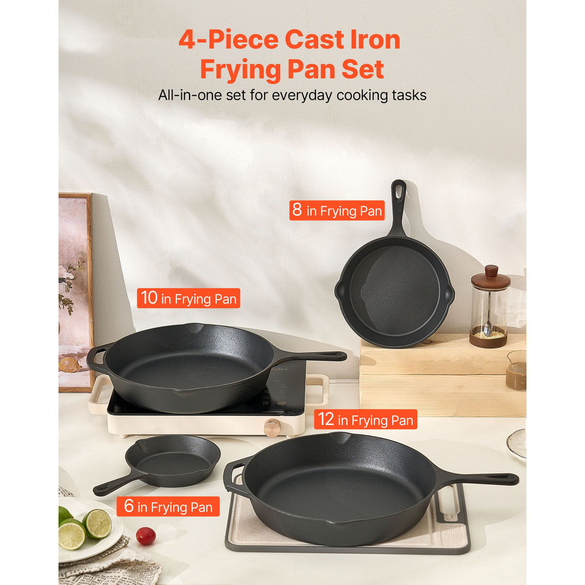Cast Iron Skillet, 4 Pcs Frying Pan Set (155, 205, 260, 305 mm), Skillets with Heat-Resistant Silicone Handle, Pre-Seasoned Chef's Pan, Kitchen Cookware, Oven, Gas, Electrical, Induction, Black