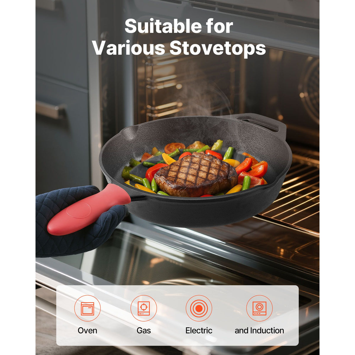 Cast Iron Skillet, 4 Pcs Frying Pan Set (155, 205, 260, 305 mm), Skillets with Heat-Resistant Silicone Handle, Pre-Seasoned Chef's Pan, Kitchen Cookware, Oven, Gas, Electrical, Induction, Black