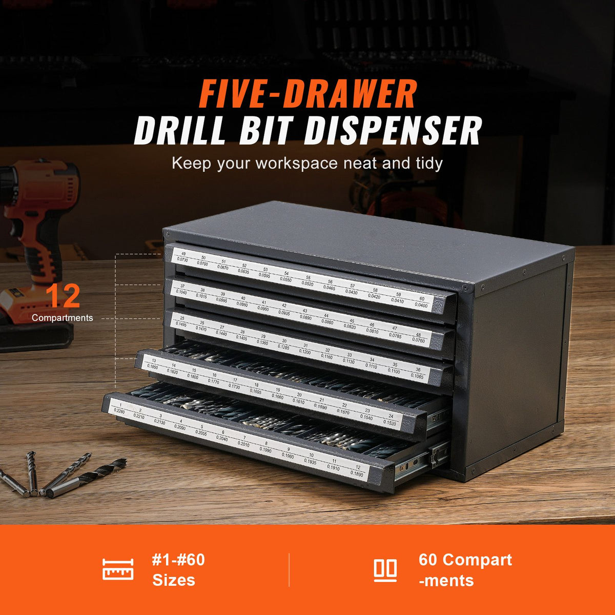 Drill Bit Dispenser Cabinet, Five-Drawer Drill Bit Organizer Cabinet for #1 to #60 Steel Drill Dispenser Organizer Cabinet with Labels, Stackable Drill Dispenser for Drill Bit Storage