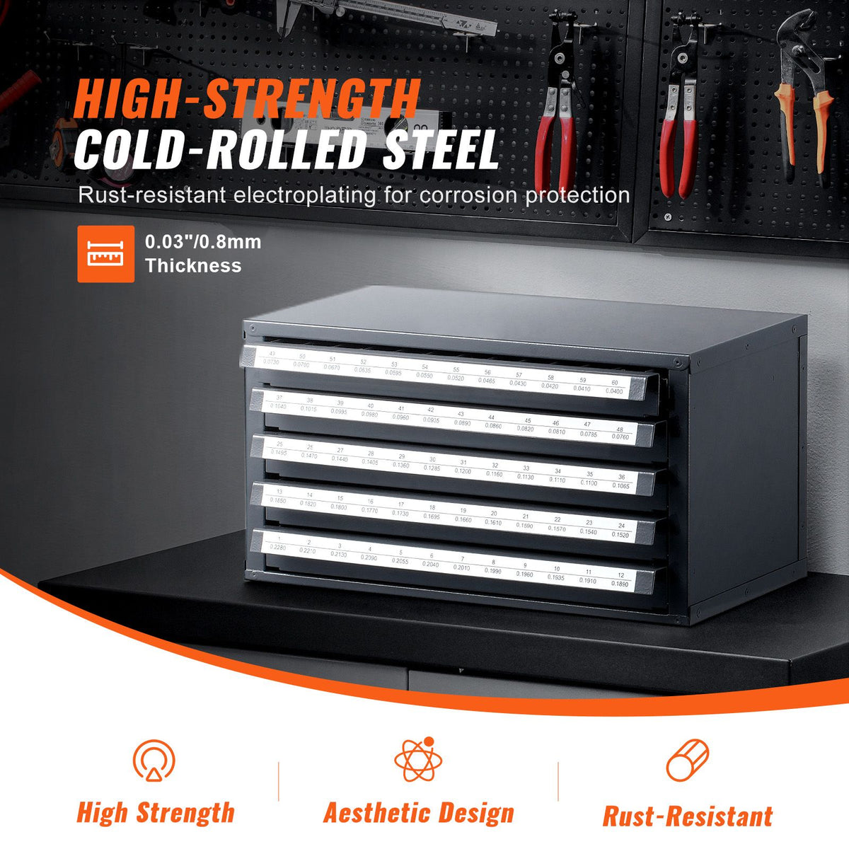 Drill Bit Dispenser Cabinet, Five-Drawer Drill Bit Organizer Cabinet for #1 to #60 Steel Drill Dispenser Organizer Cabinet with Labels, Stackable Drill Dispenser for Drill Bit Storage