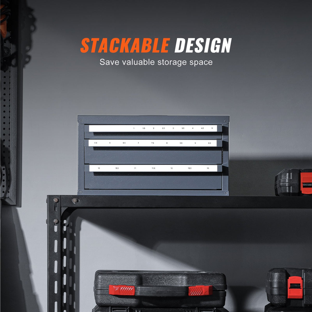 Drill Bit Dispenser Cabinet, Three-Drawer Drill Bit Organizer Cabinet for 1mm to 13mm, Steel Drill Dispenser Organizer Cabinet with Labels, Stackable Drill Dispenser for Drill Bit Storage