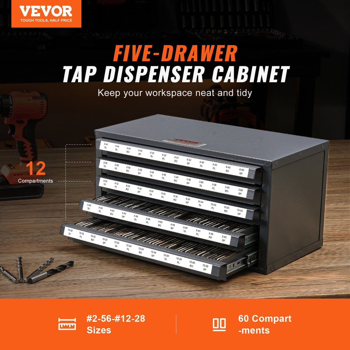 Tap Dispenser Cabinet, Five-Drawer Tap Organizer Cabinet for #2-56-#12-28 Steel Tap Dispenser Organizer Cabinet with Labels, 60-Compartment Stackable Tap Cabinet for Tap Storage