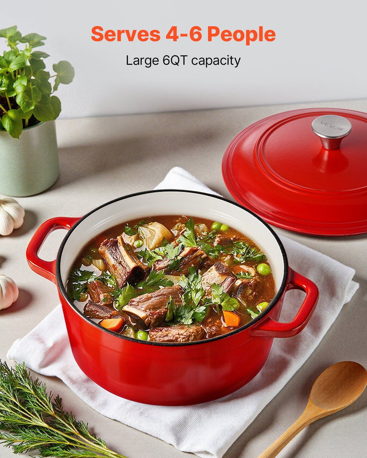 Enameled Cast Iron Dutch Oven, 5.7L Pot with Lid and Dual Handles, Heavy-Duty Durable Cookware Pan, Oven Induction Compatible up to 260 ℃, for Braising, Stews, Roasting, Bread Baking, Red