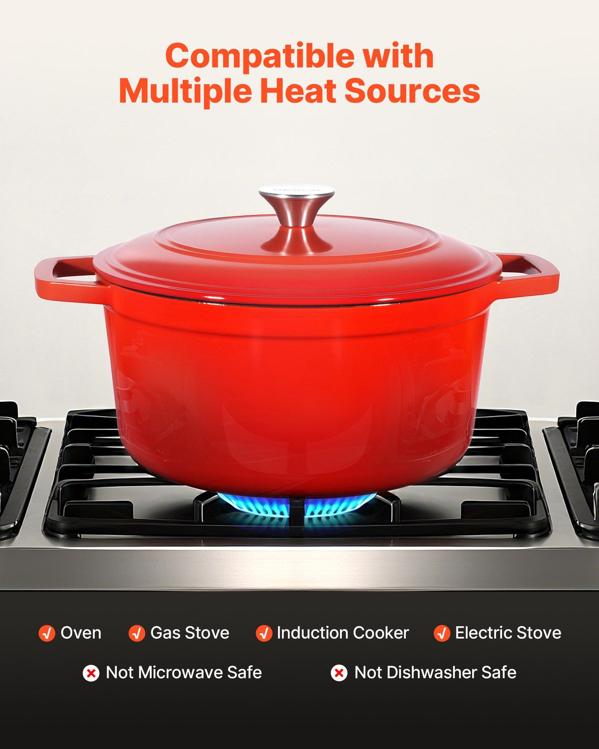 Enameled Cast Iron Dutch Oven, 5.7L Pot with Lid and Dual Handles, Heavy-Duty Durable Cookware Pan, Oven Induction Compatible up to 260 ℃, for Braising, Stews, Roasting, Bread Baking, Red