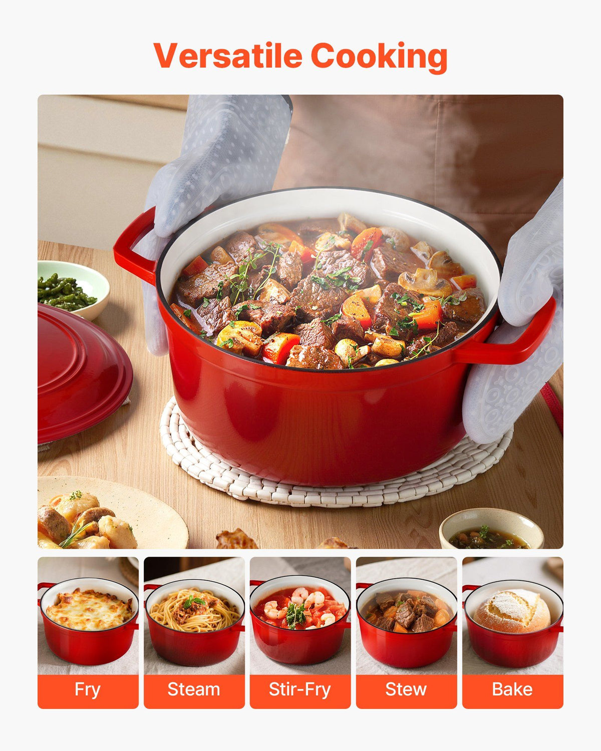 Enameled Cast Iron Dutch Oven, 5.7L Pot with Lid and Dual Handles, Heavy-Duty Durable Cookware Pan, Oven Induction Compatible up to 260 ℃, for Braising, Stews, Roasting, Bread Baking, Red
