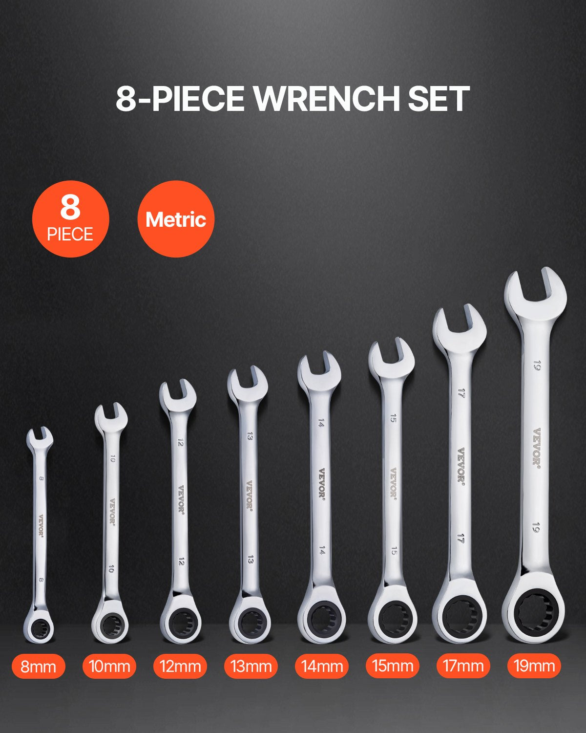 Combination Wrench Set 8-Piece Metric 8 mm to 19 mm with Organizer Rack