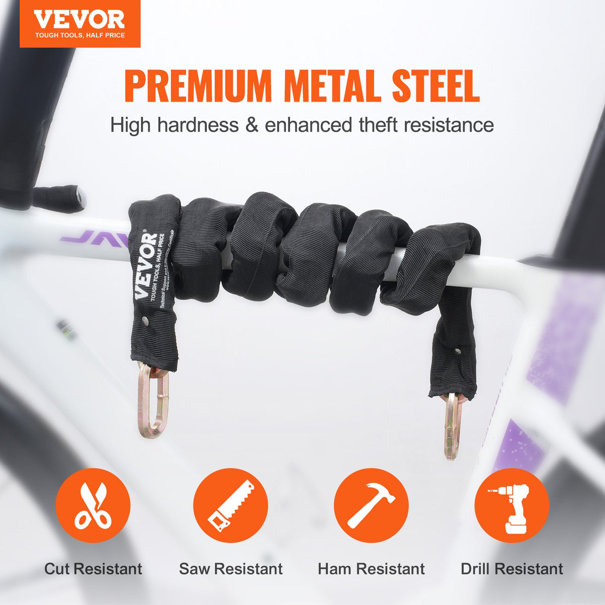 Bike Chain Lock, 5.91 Ft Security Bicycle Chain Lock, Heavy Duty Metal Steel Anti-Theft High Security Bike Locks, Perfect for Bike, Motorcycle, Scooter, Bicycle, Door, Fence, Gate, 9.5mm, Black