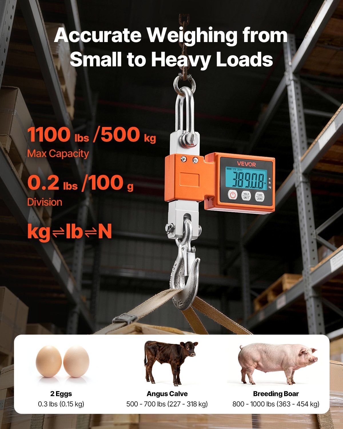 Digital Crane Scale, 1100 lbs/500 kg Max Capacity, Heavy Duty Industrial Hanging Scale with Cast Aluminum Case & LCD Display, 100 g Division & 3 Unit Switch, Auto-Off Setting for Garage