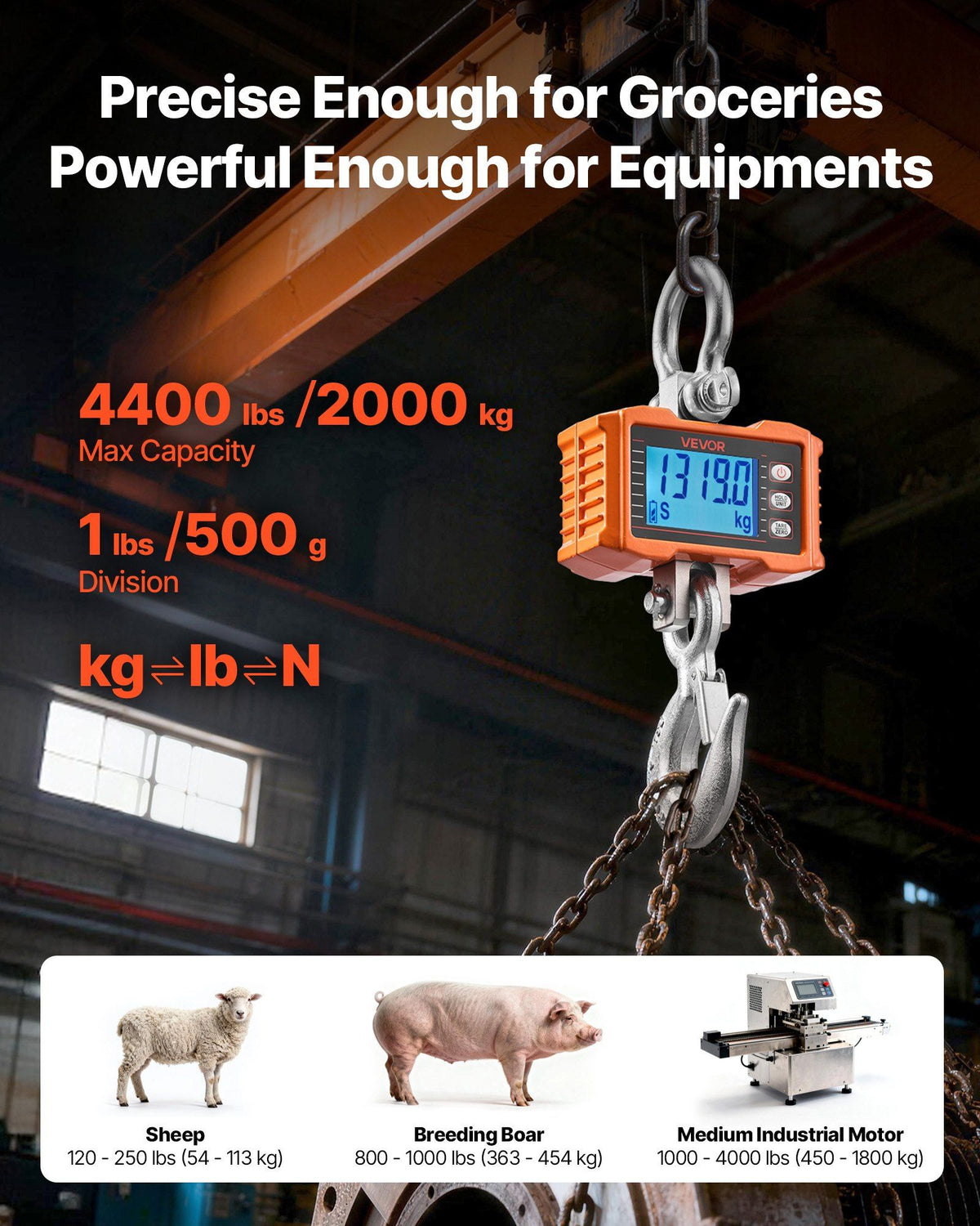 Digital Crane Scale, 4400 lbs/2000 kg Max Capacity, Heavy Duty Industrial Hanging Scale with Cast Aluminum Case & LCD Display, 500 g Division & 3 Unit Switch, Remote Control for Garage Factory