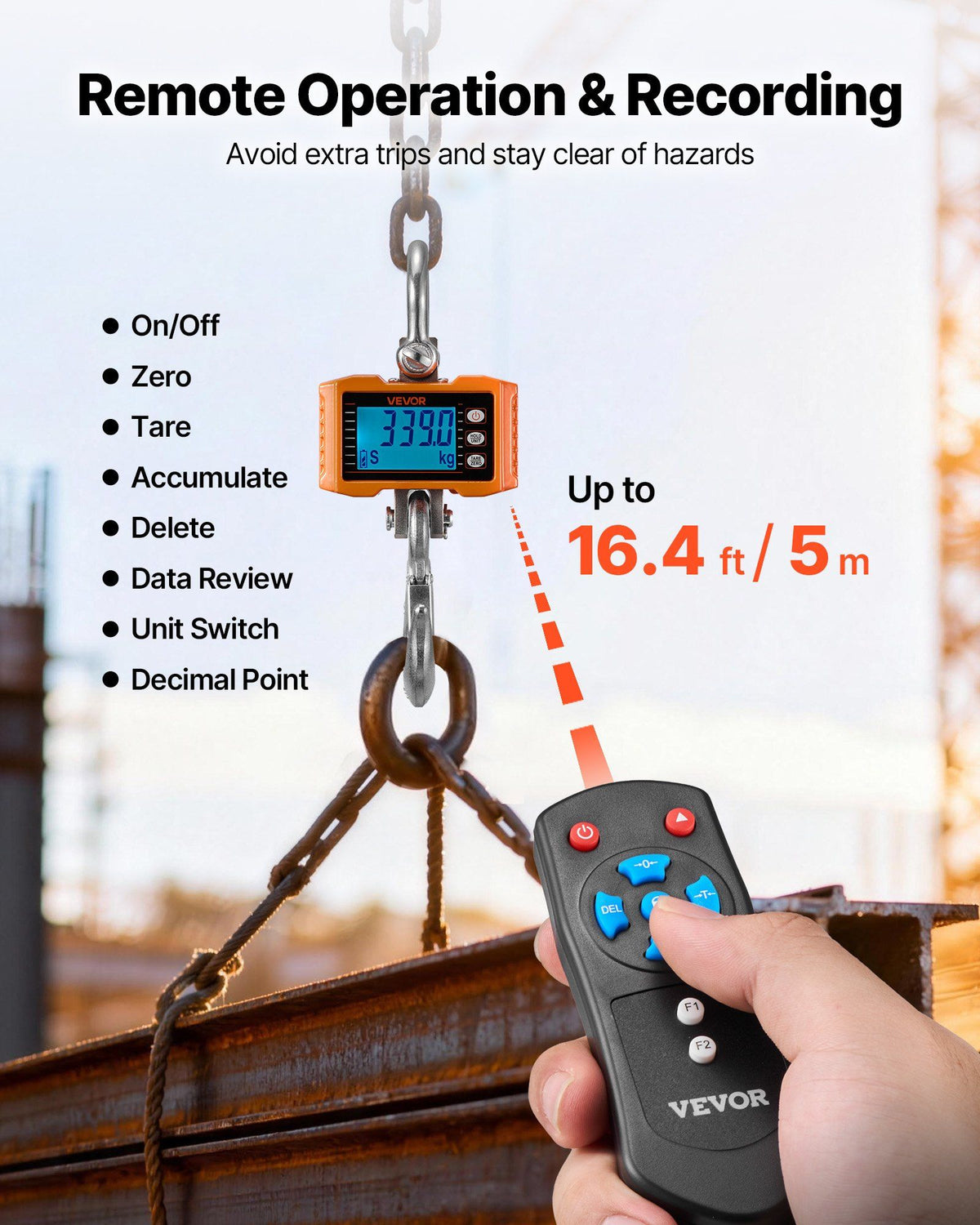 Digital Crane Scale, 4400 lbs/2000 kg Max Capacity, Heavy Duty Industrial Hanging Scale with Cast Aluminum Case & LCD Display, 500 g Division & 3 Unit Switch, Remote Control for Garage Factory
