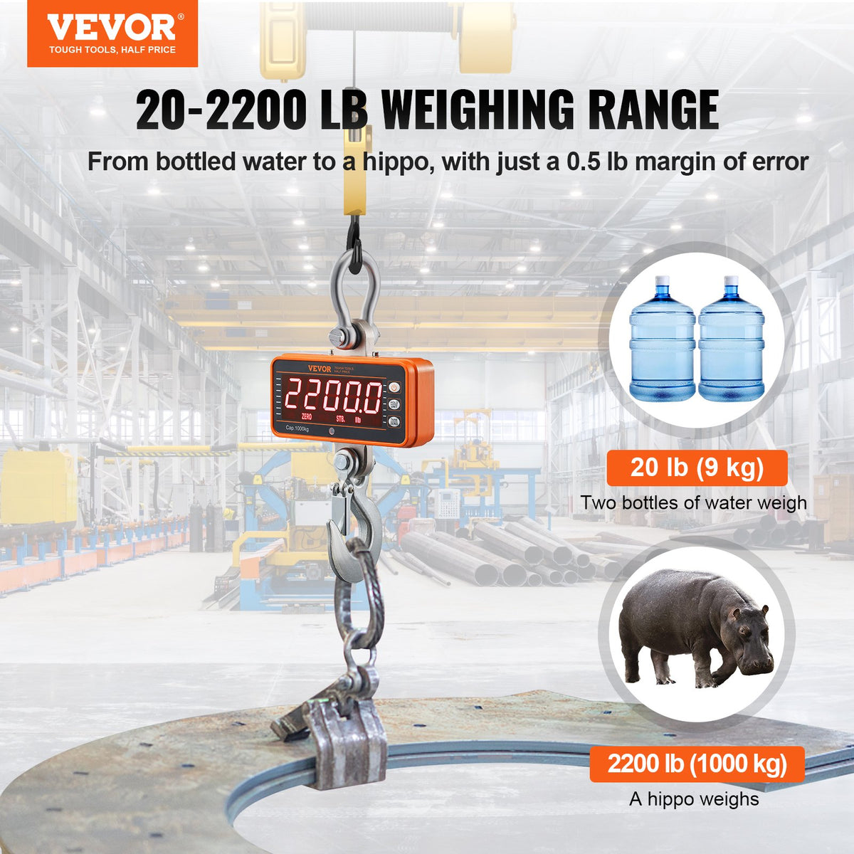 Digital Crane Scale, 2200 lbs/1000 kg, Industrial Heavy Duty Hanging Scale with Remote Control, Cast Aluminum Case & LED Screen, High Precision for Construction, Factory, Farm, Hunting (Orange)