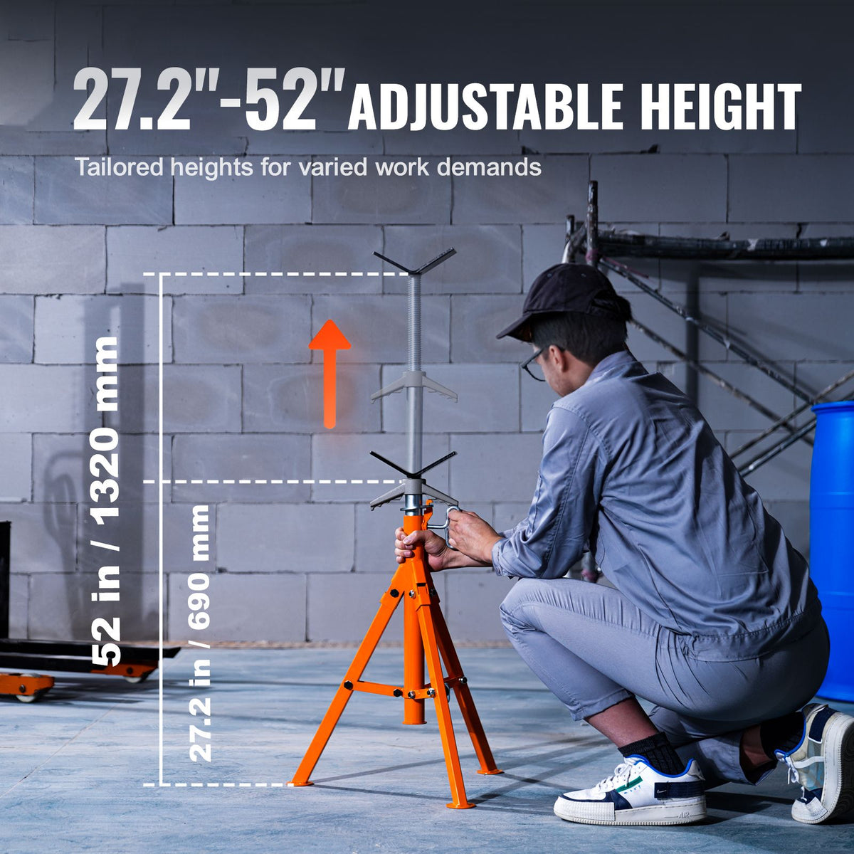 Pipe Stand, 2500LBS Heavy Duty Pipe Jack Stands, 27.2"-52" Height Adjustable V Head Pipe Stand, 45# Steel Folding Jack Stand for 1/2-12 inches Pipes