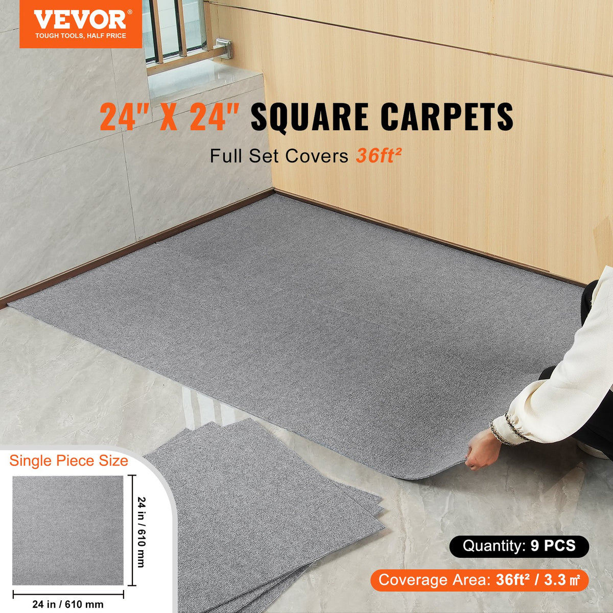 Carpet Tiles Peel and Stick, Squares Self Adhesive Carpet Floor Tile, Soft Padded Carpet Tiles, Easy Install DIY for Bedroom Living Room Indoor Outdoor (9Tiles, Light Gray)