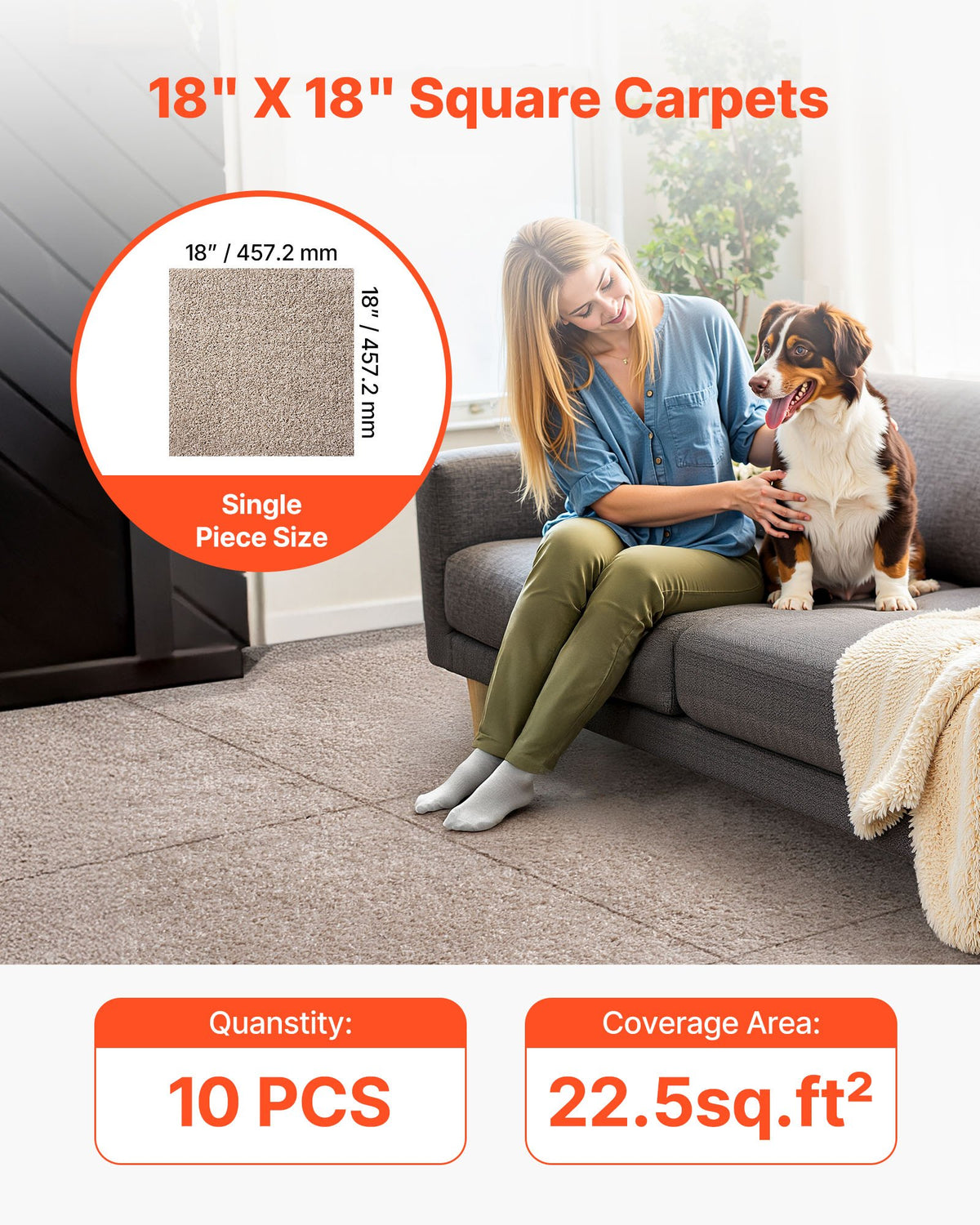 Carpet Tiles 457x457 mm, 10 Pack Carpet Square Rug Detachable & Damage-free, Self Adhesive Home Floor Soft Plush Padded for 2.1㎡ Coverage, Easy DIY for Living Room & Bedroom, Light Brown