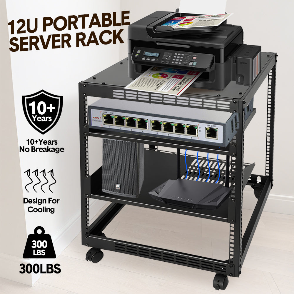 Alston 12U Open Frame Server Rack Hifi Device w/ 4 Standing Lockable Casters