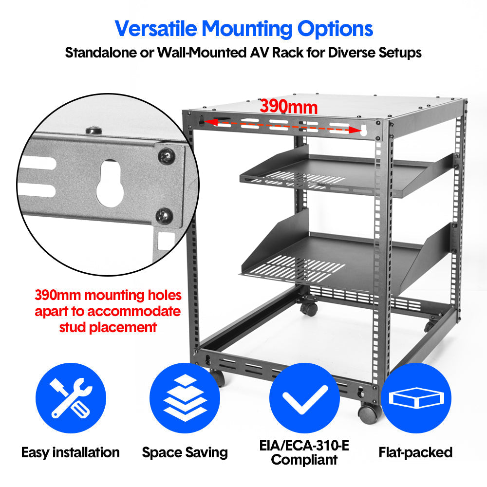 Alston 12U Open Frame Server Rack Hifi Device w/ 4 Standing Lockable Casters