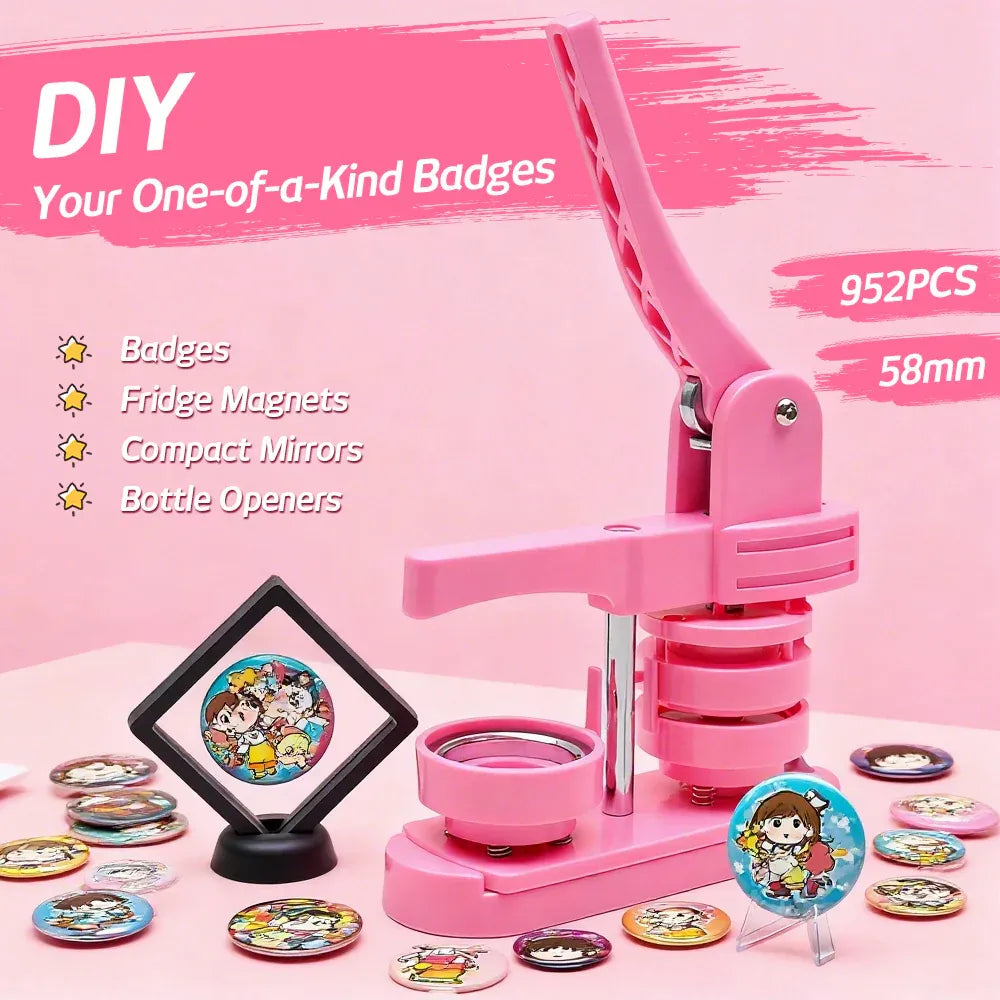58mm Button Maker Machine DIY Badge Making Pin Press Machine w/ All Magnets Pink