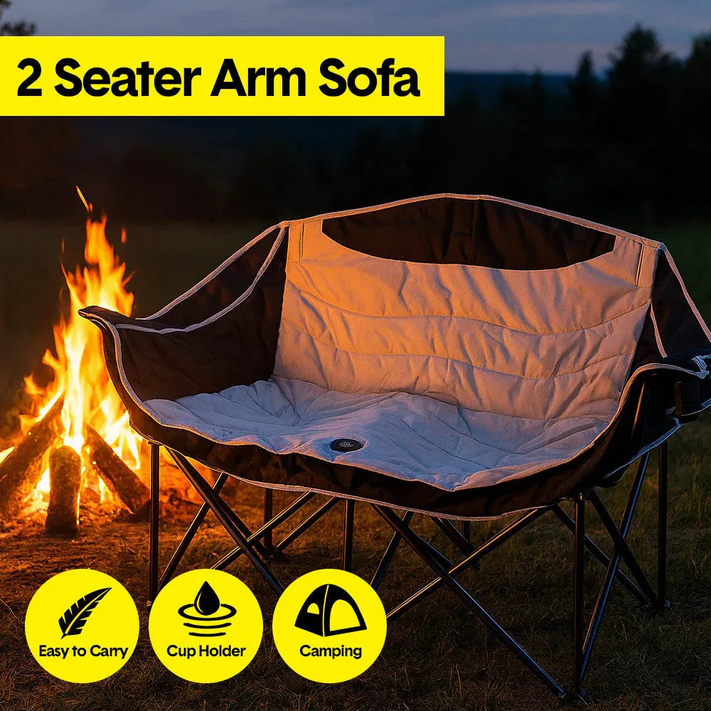 Double Camping Chairs Outdoor Lawn Camping Couch Chairs Armrests Cup Holders