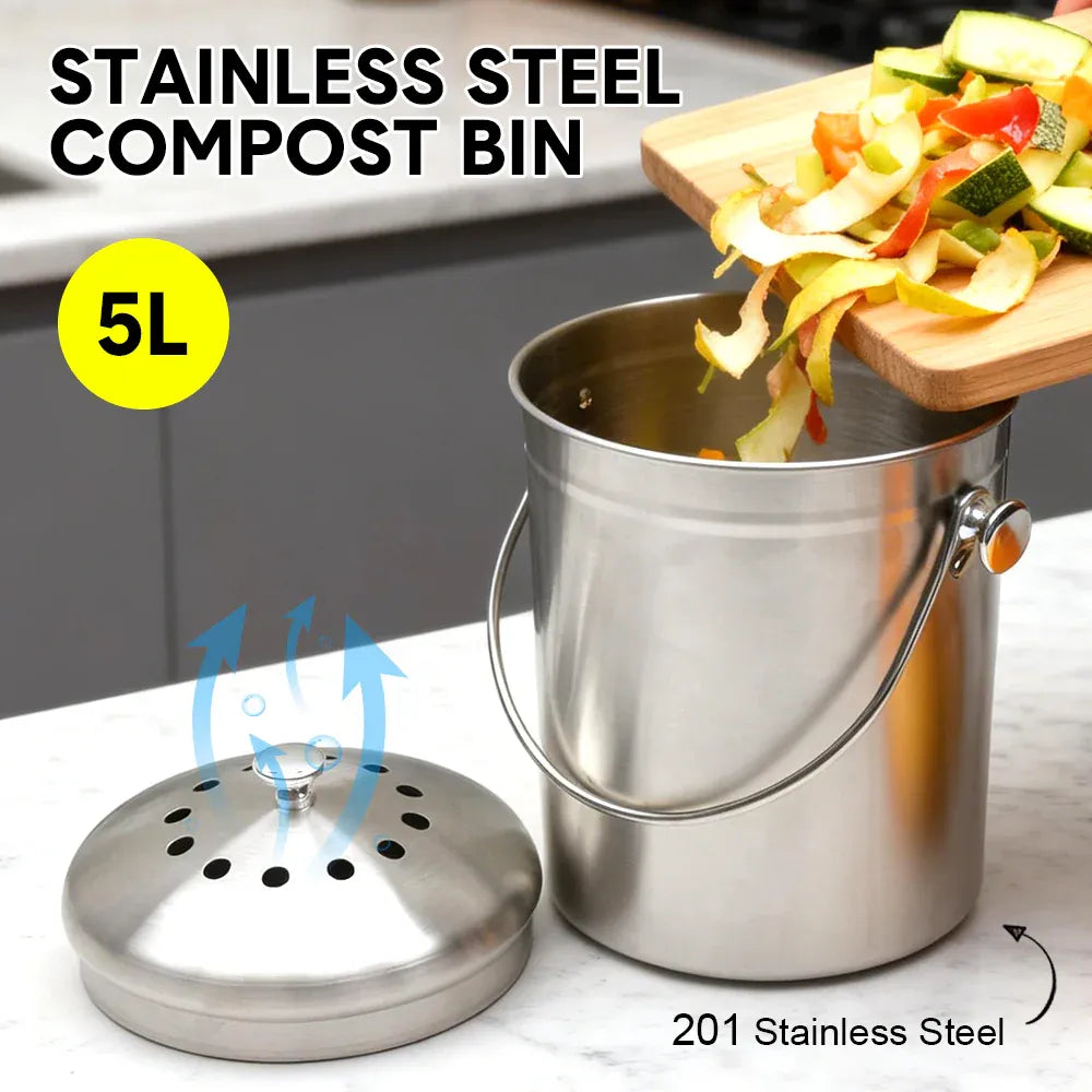 5L Compost Bin Kitchen Countertop Charcoal Kitchen Easy Cleaning Silver