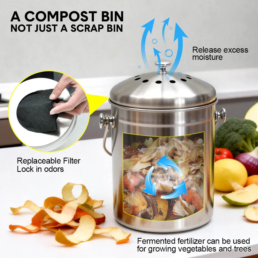 5L Compost Bin Kitchen Countertop Charcoal Kitchen Easy Cleaning Silver