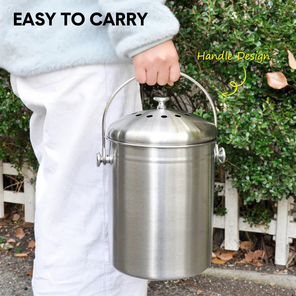 5L Compost Bin Kitchen Countertop Charcoal Kitchen Easy Cleaning Silver
