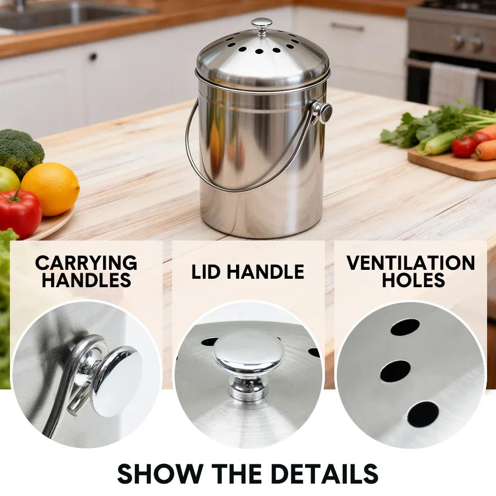 5L Compost Bin Kitchen Countertop Charcoal Kitchen Easy Cleaning Silver