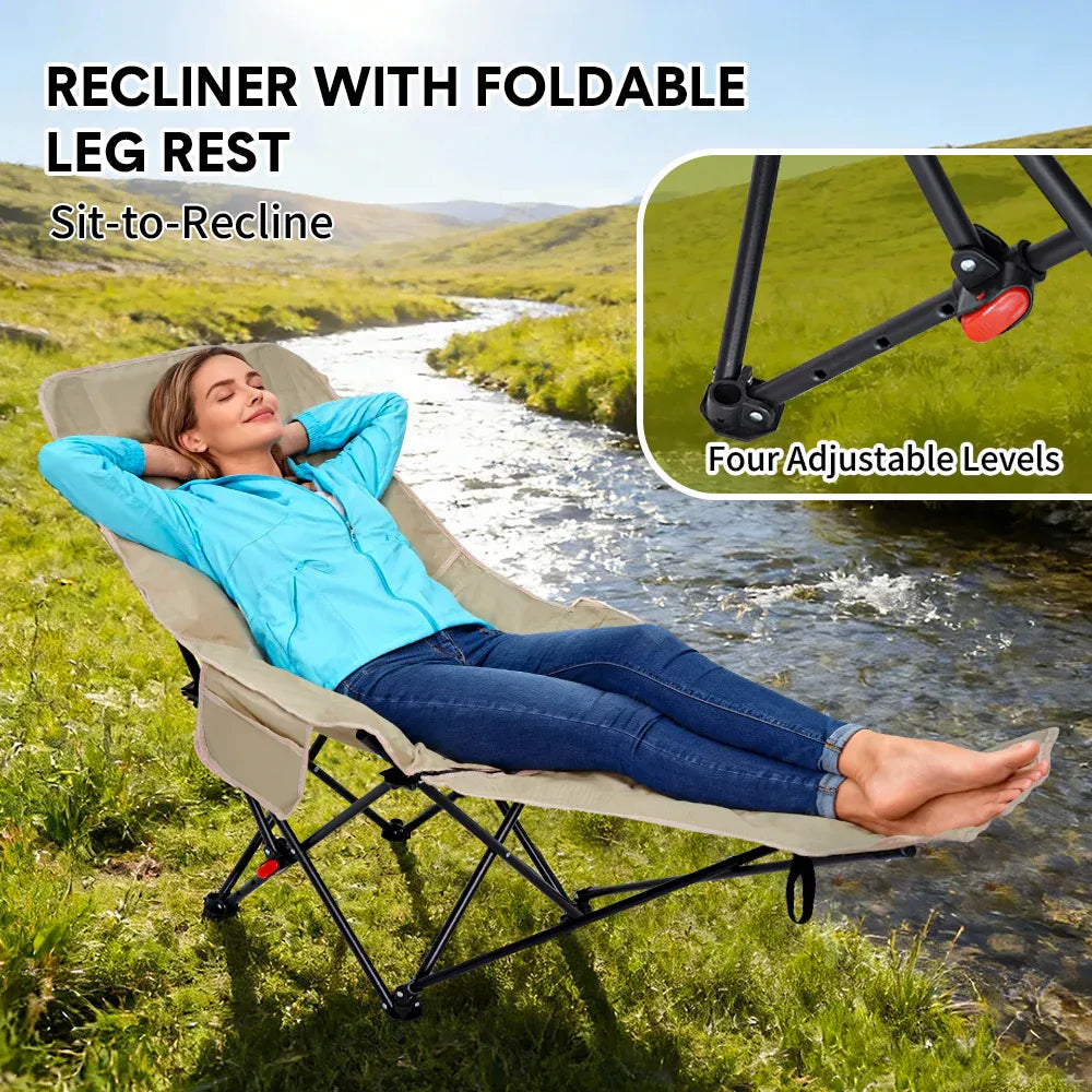Folding Camping Recliner Outdoor HeavDuty Moon Chair 3 Pocket No Tools Setup