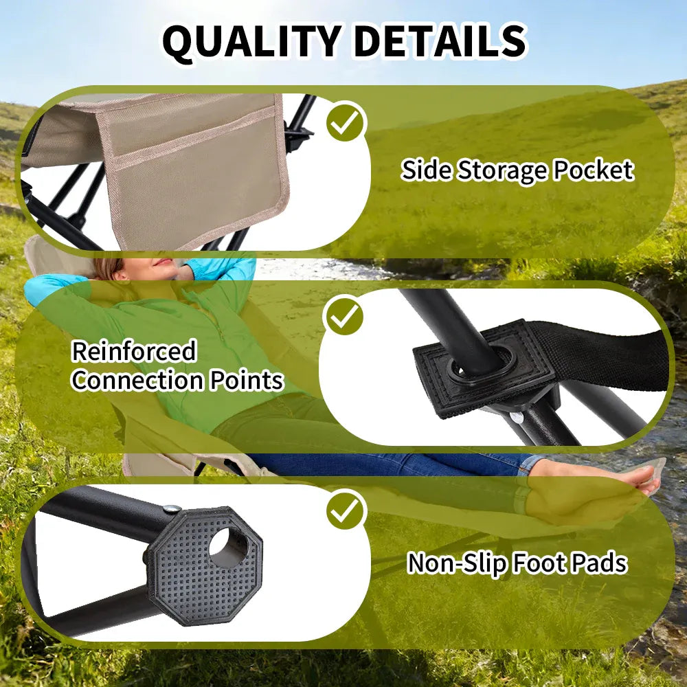 Folding Camping Recliner Outdoor HeavDuty Moon Chair 3 Pocket No Tools Setup