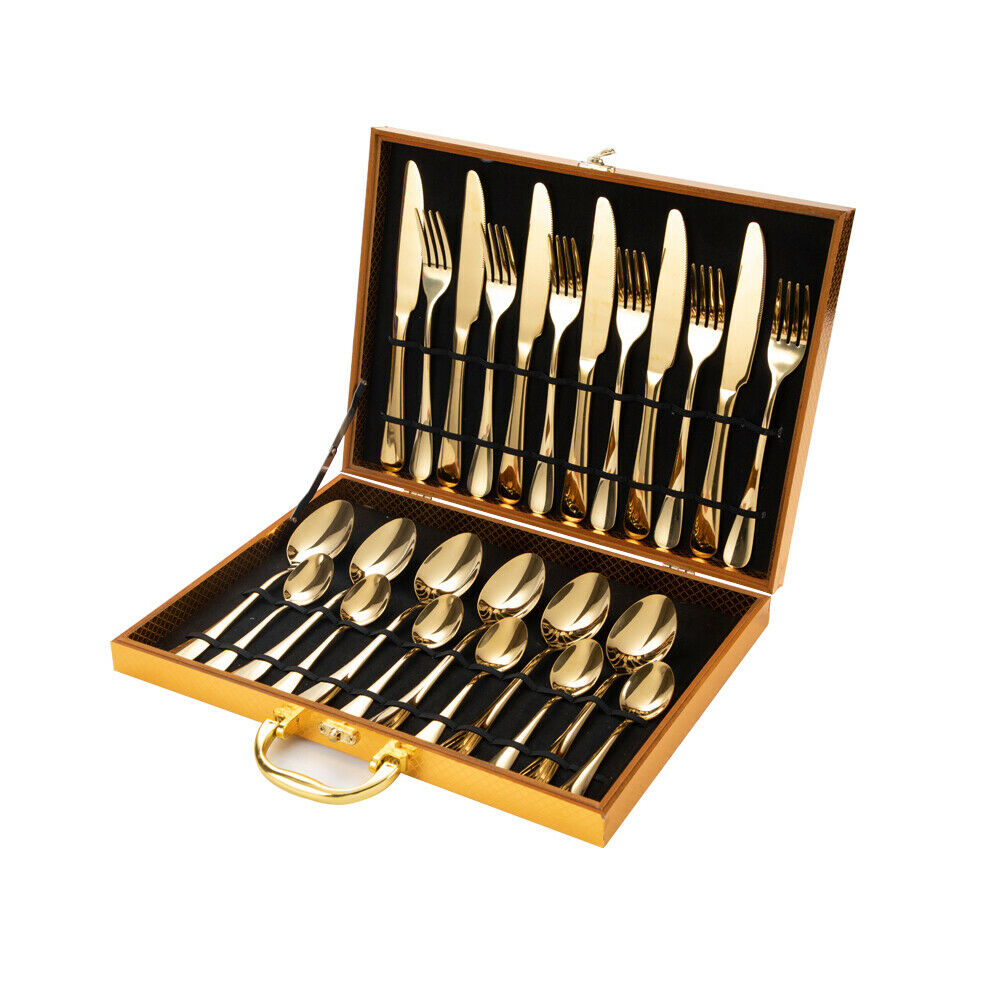 Gold Cutlery Set Kitchen Stainless Steel Fork Knife Cutlery 24pcs Carry Box