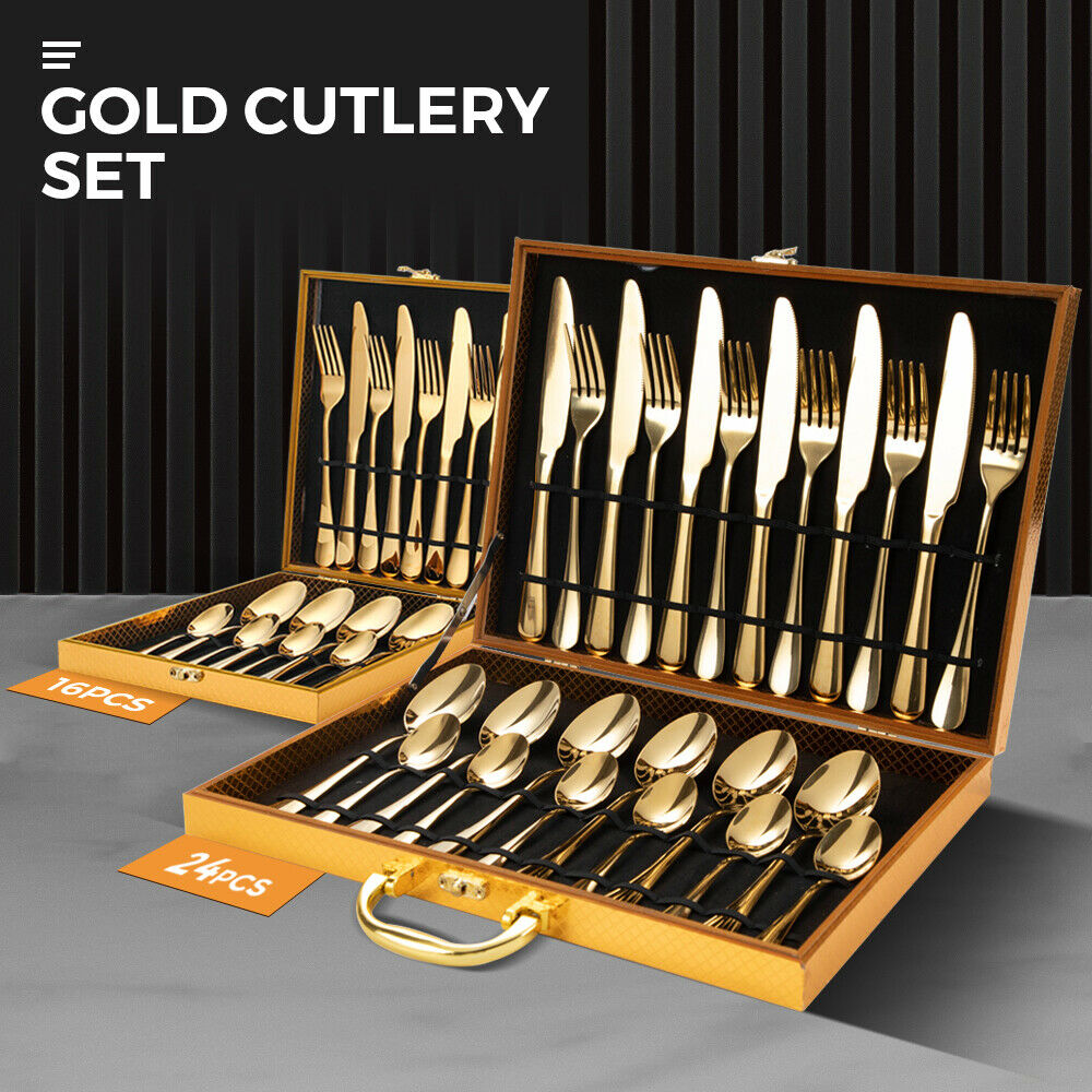 Gold Cutlery Set Kitchen Stainless Steel Fork Knife Cutlery 24pcs Carry Box