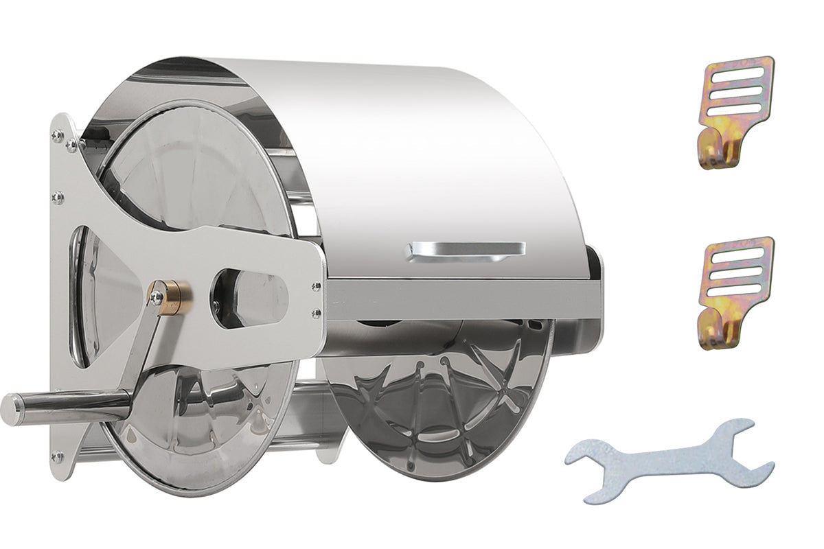 Large Stainless Steel Garden Hose Reel Cart Pipe Holder w/ Lid Crank Handle
