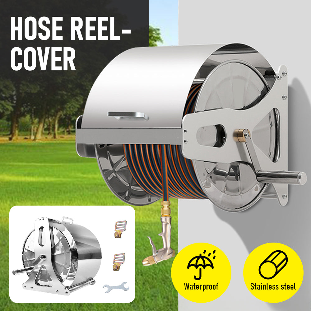 Large Stainless Steel Garden Hose Reel Cart Pipe Holder w/ Lid Crank Handle